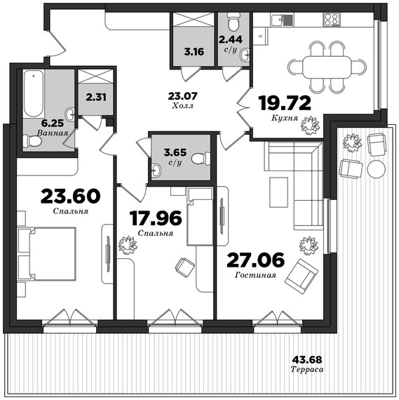Krestovskiy De Luxe, Building 2, 3 bedrooms, 142.32 m² | planning of elite apartments in St. Petersburg | М16